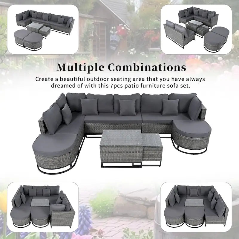 Ensemble de canapé d'extérieur modulaire 7 pièces en rotin avec table basse, combinaison libre