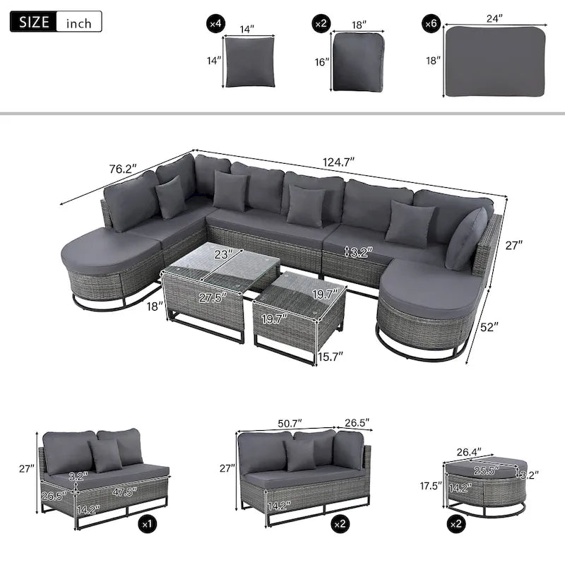 Ensemble de canapé d'extérieur modulaire 7 pièces en rotin avec table basse, combinaison libre