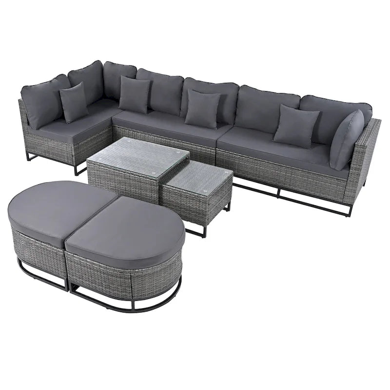 Ensemble de canapé d'extérieur modulaire 7 pièces en rotin avec table basse, combinaison libre