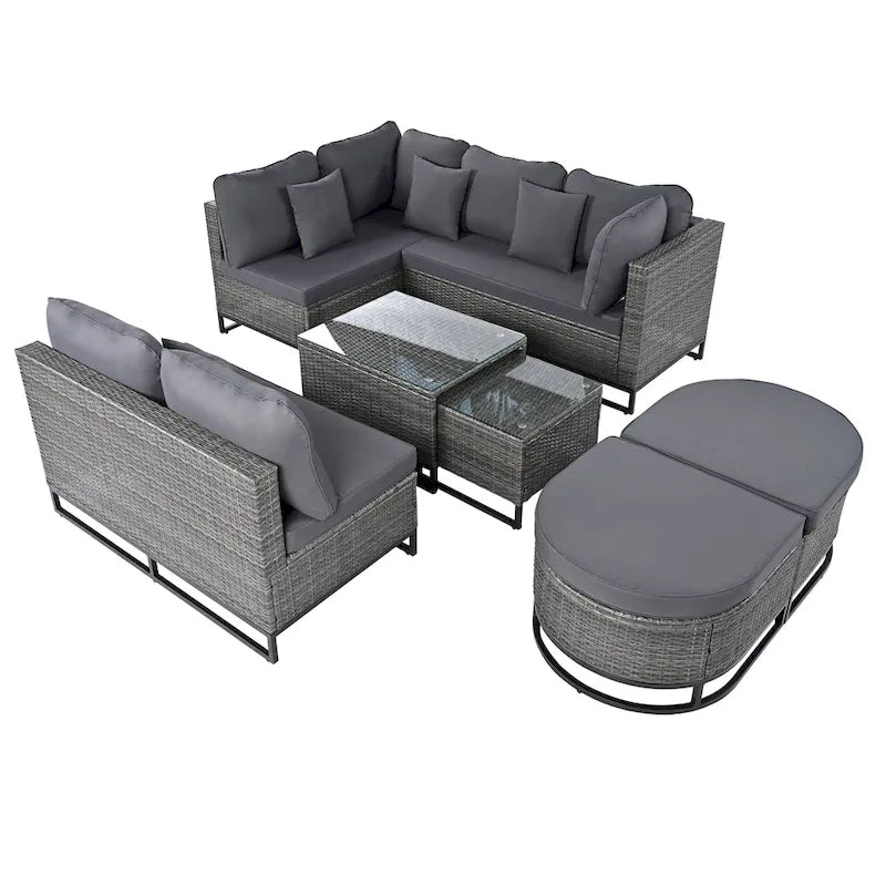 Ensemble de canapé d'extérieur modulaire 7 pièces en rotin avec table basse, combinaison libre