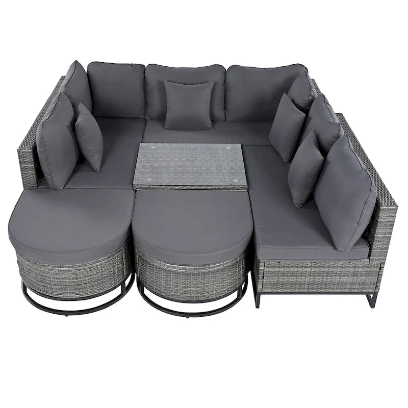 Ensemble de canapé d'extérieur modulaire 7 pièces en rotin avec table basse, combinaison libre