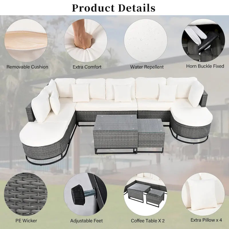Ensemble de canapé d'extérieur modulaire 7 pièces en rotin avec table basse, combinaison libre