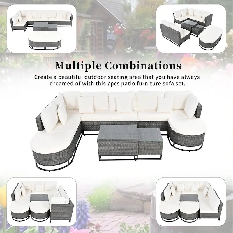Ensemble de canapé d'extérieur modulaire 7 pièces en rotin avec table basse, combinaison libre