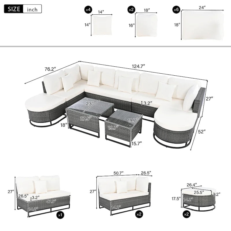 Ensemble de canapé d'extérieur modulaire 7 pièces en rotin avec table basse, combinaison libre