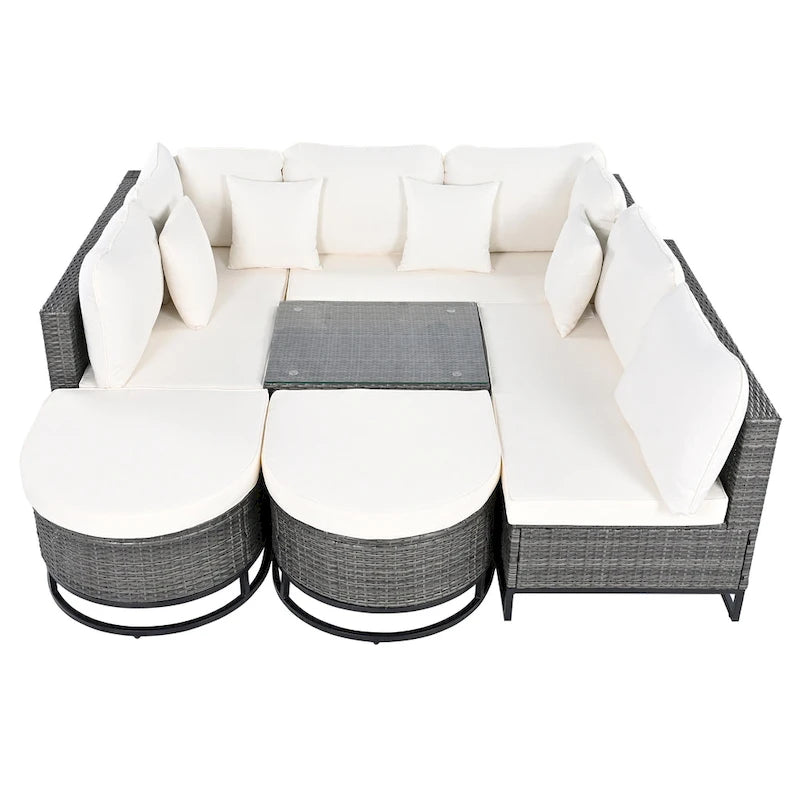 Ensemble de canapé d'extérieur modulaire 7 pièces en rotin avec table basse, combinaison libre