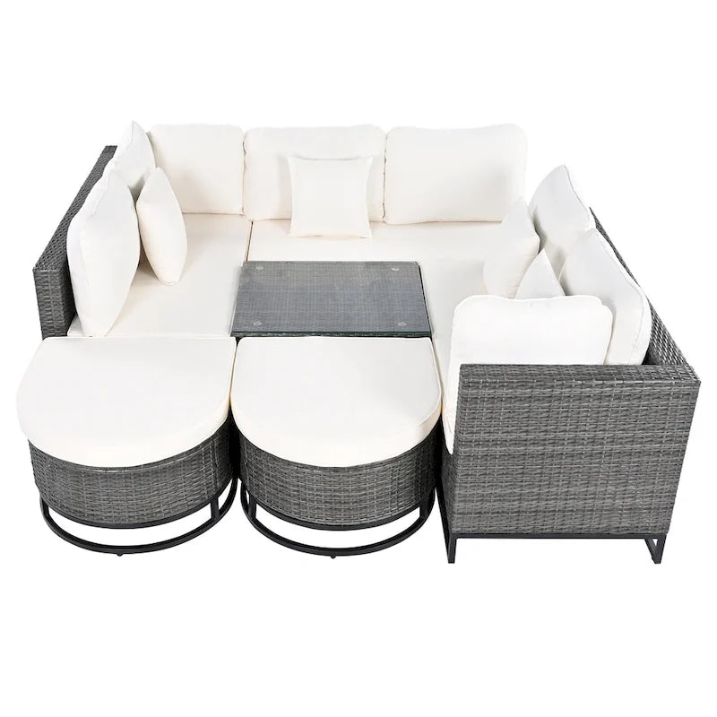 Ensemble de canapé d'extérieur modulaire 7 pièces en rotin avec table basse, combinaison libre