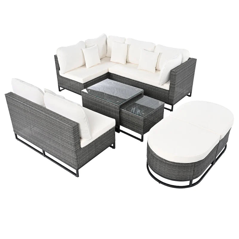 Ensemble de canapé d'extérieur modulaire 7 pièces en rotin avec table basse, combinaison libre