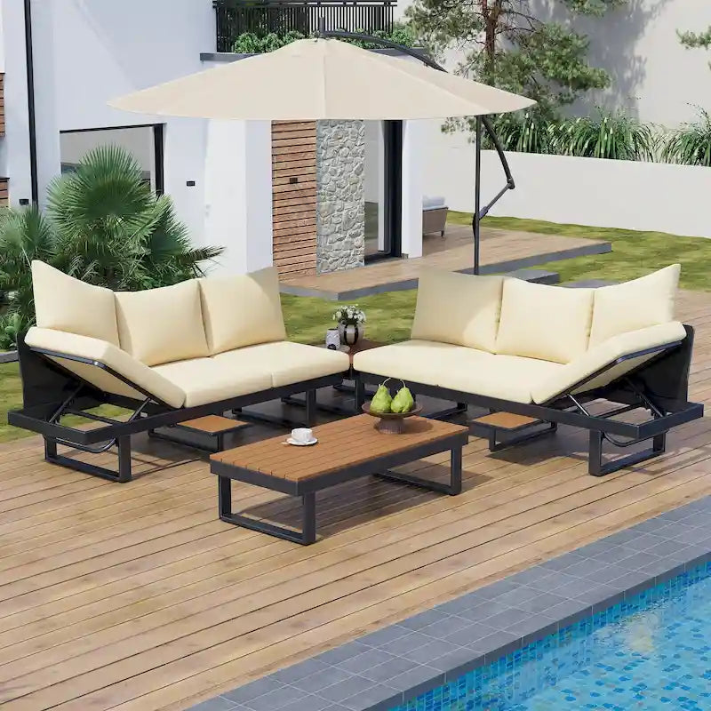 Ensemble de canapé modulable d'extérieur avec table basse, table d'appoint et sièges inclinables
