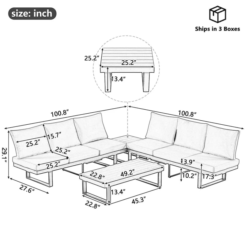 Ensemble de canapé modulable d'extérieur avec table basse, table d'appoint et sièges inclinables