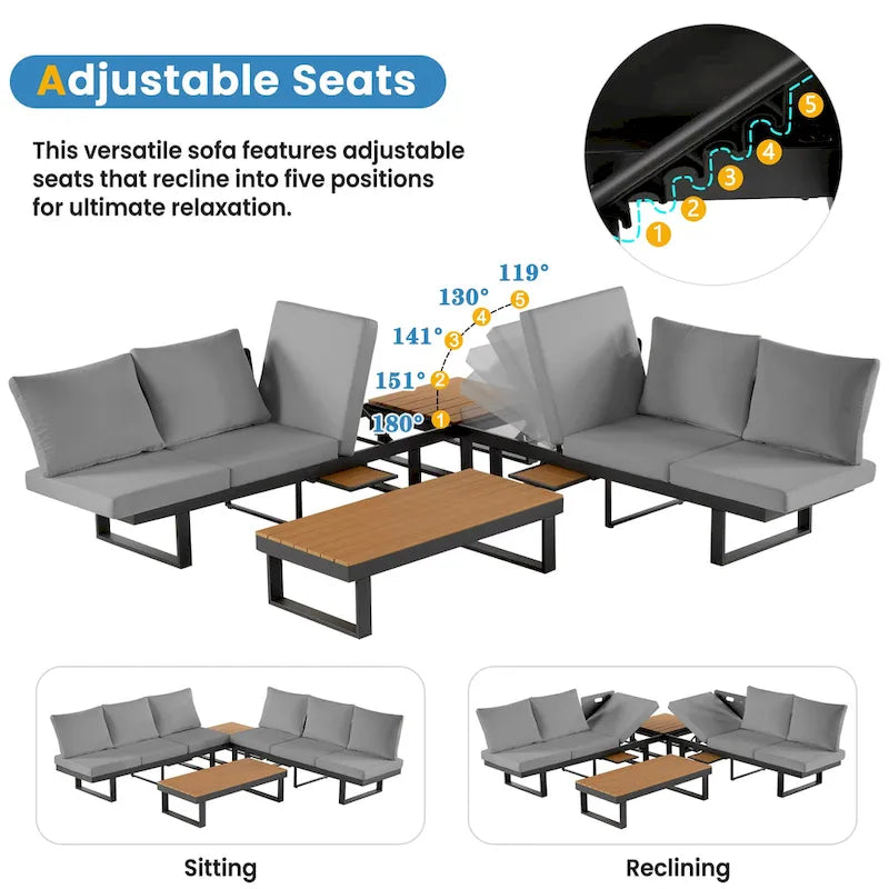 Ensemble de canapé modulable d'extérieur avec table basse, table d'appoint et sièges inclinables