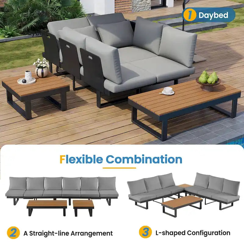 Ensemble de canapé modulable d'extérieur avec table basse, table d'appoint et sièges inclinables
