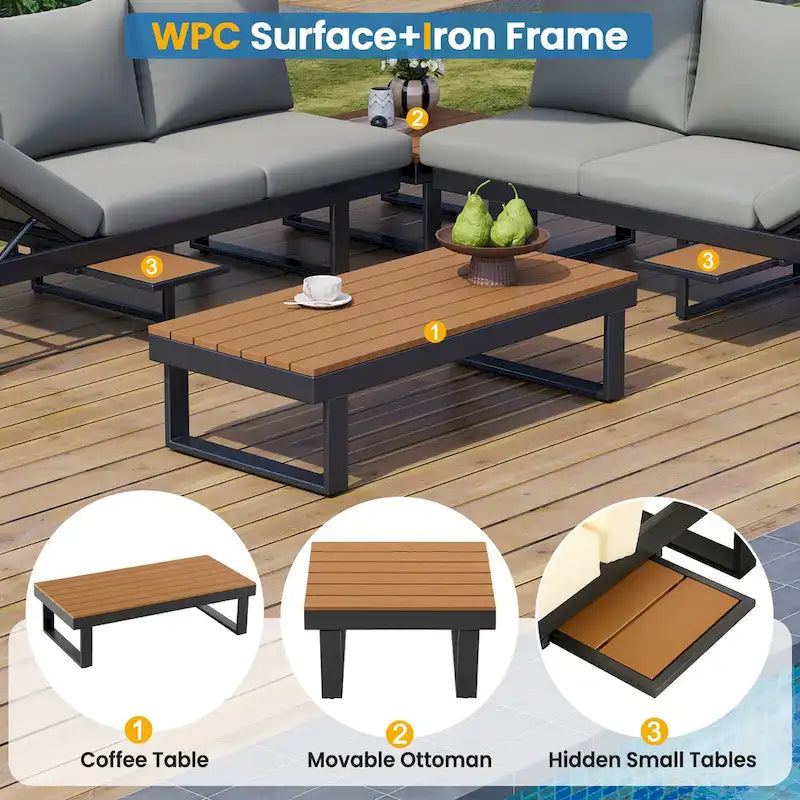 Ensemble de canapé modulable d'extérieur avec table basse, table d'appoint et sièges inclinables