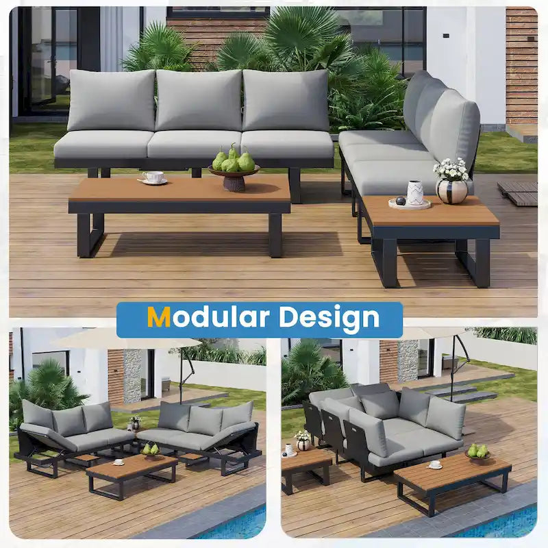 Ensemble de canapé modulable d'extérieur avec table basse, table d'appoint et sièges inclinables