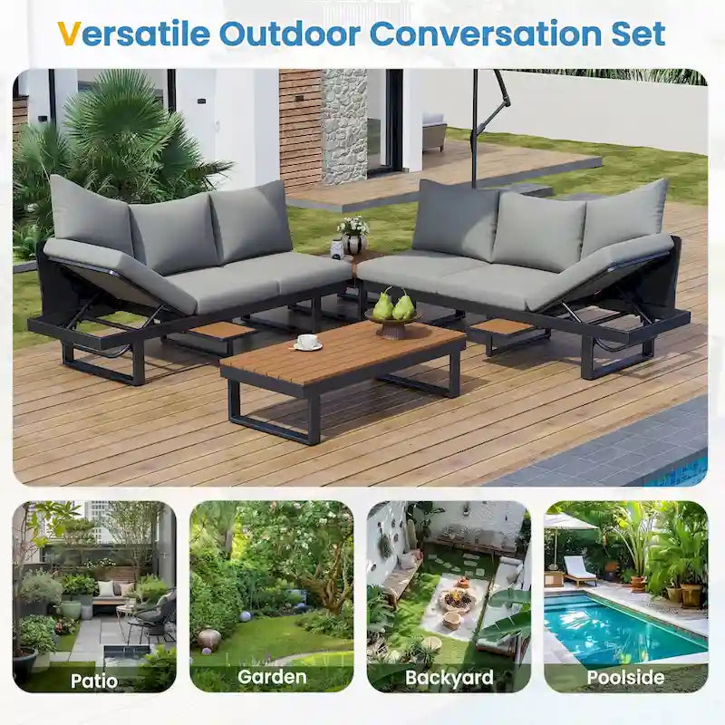 Ensemble de canapé modulable d'extérieur avec table basse, table d'appoint et sièges inclinables