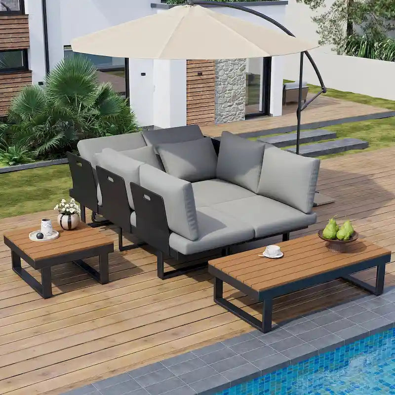 Ensemble de canapé modulable d'extérieur avec table basse, table d'appoint et sièges inclinables