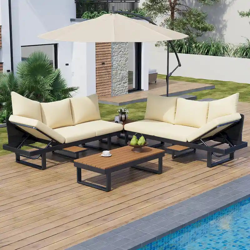 Ensemble de canapé modulable d'extérieur avec table basse, table d'appoint et sièges inclinables