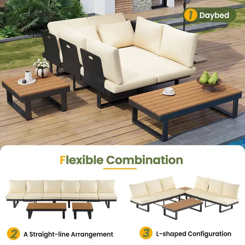 Ensemble de canapé modulable d'extérieur avec table basse, table d'appoint et sièges inclinables