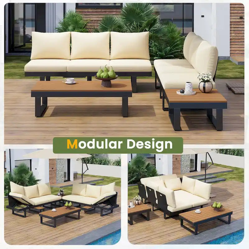 Ensemble de canapé modulable d'extérieur avec table basse, table d'appoint et sièges inclinables