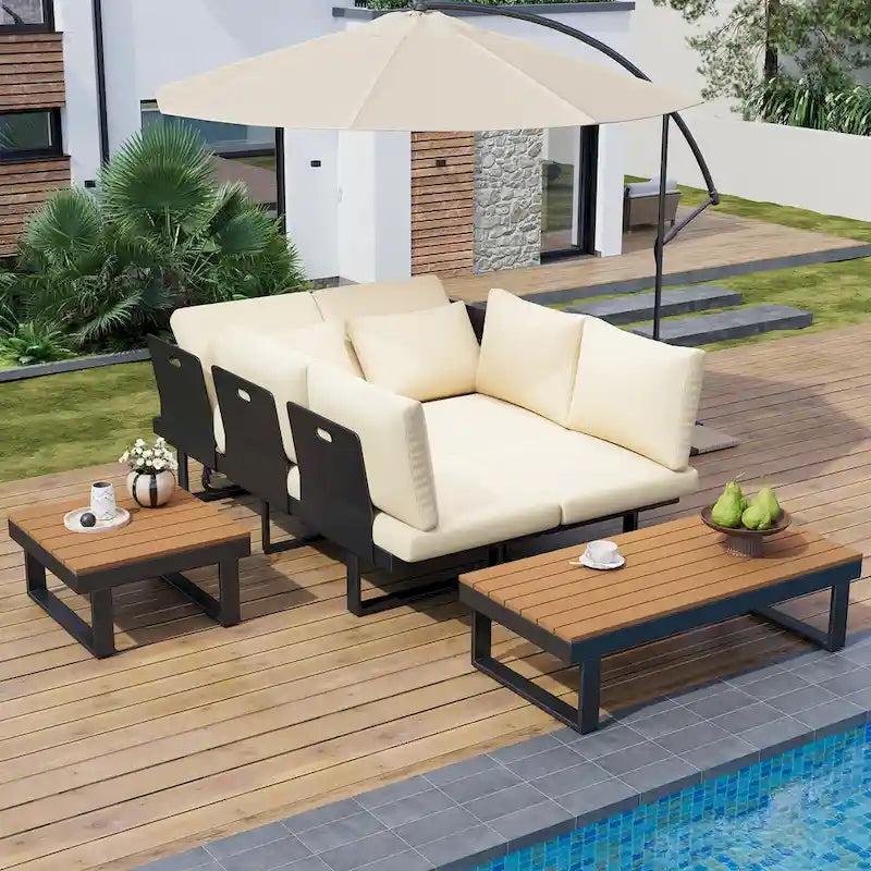 Ensemble de canapé modulable d'extérieur avec table basse, table d'appoint et sièges inclinables