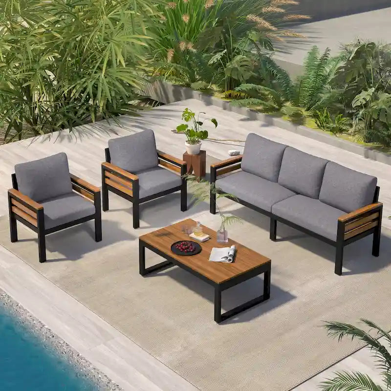 4-Piece Outdoor Iron Sofa Set with Wood Coffee Table & Cushions