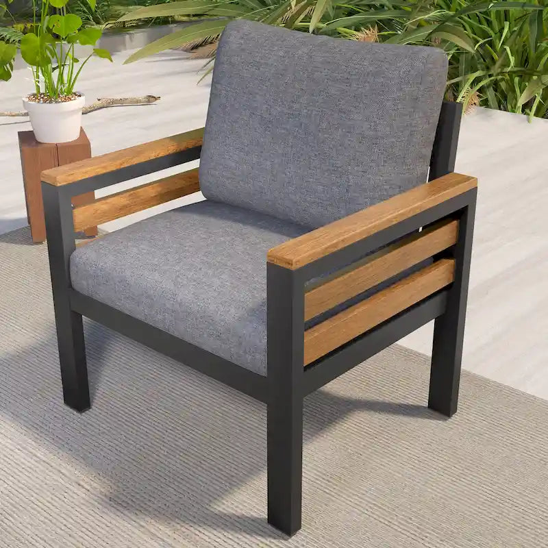 Ensemble de canapé d'extérieur en fer 4 pièces avec table basse en bois et coussins