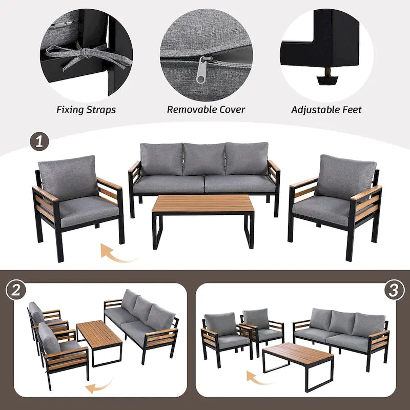 Ensemble de canapé d'extérieur en fer 4 pièces avec table basse en bois et coussins