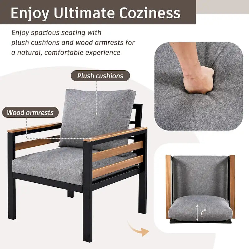 Ensemble de canapé d'extérieur en fer 4 pièces avec table basse en bois et coussins