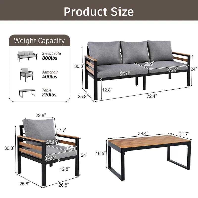 Ensemble de canapé d'extérieur en fer 4 pièces avec table basse en bois et coussins