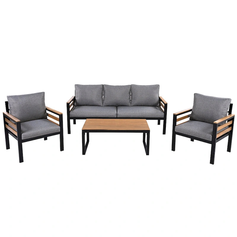 Ensemble de canapé d'extérieur en fer 4 pièces avec table basse en bois et coussins