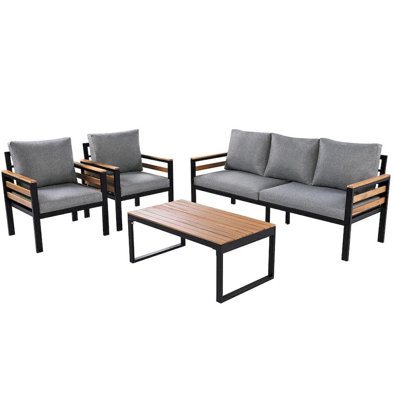 Ensemble de canapé d'extérieur en fer 4 pièces avec table basse en bois et coussins
