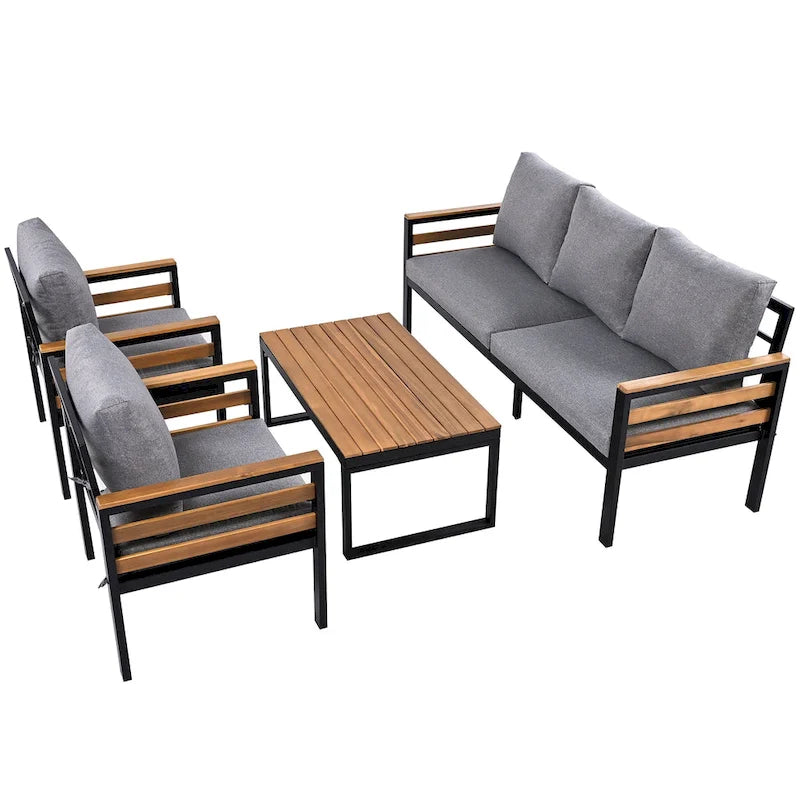 Ensemble de canapé d'extérieur en fer 4 pièces avec table basse en bois et coussins