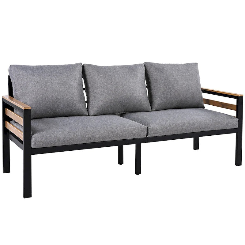 Ensemble de canapé d'extérieur en fer 4 pièces avec table basse en bois et coussins