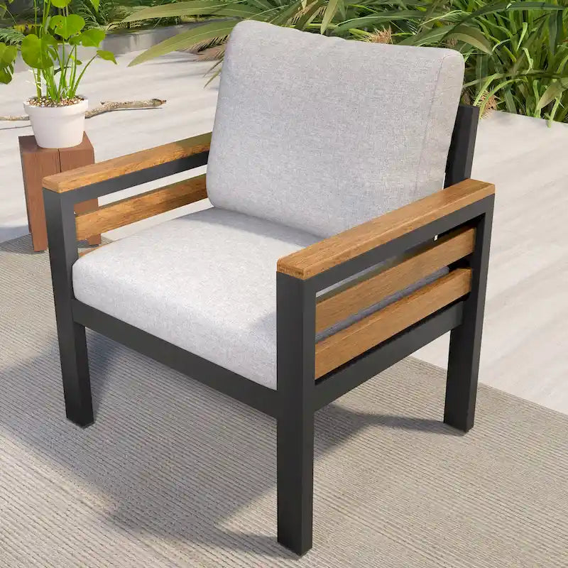 Ensemble de canapé d'extérieur en fer 4 pièces avec table basse en bois et coussins