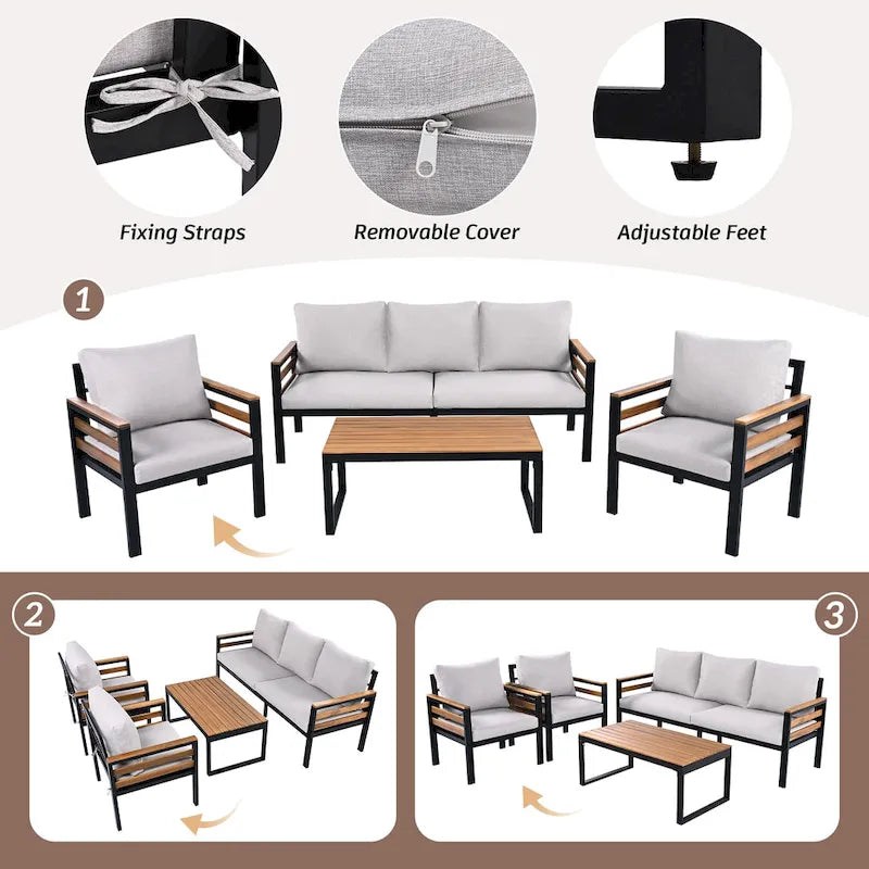 Ensemble de canapé d'extérieur en fer 4 pièces avec table basse en bois et coussins