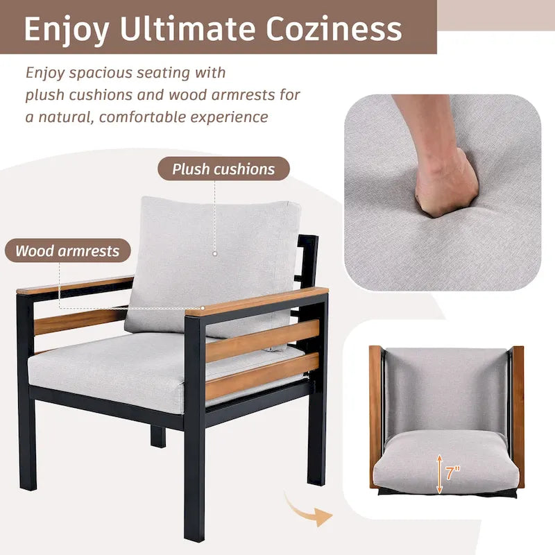 Ensemble de canapé d'extérieur en fer 4 pièces avec table basse en bois et coussins