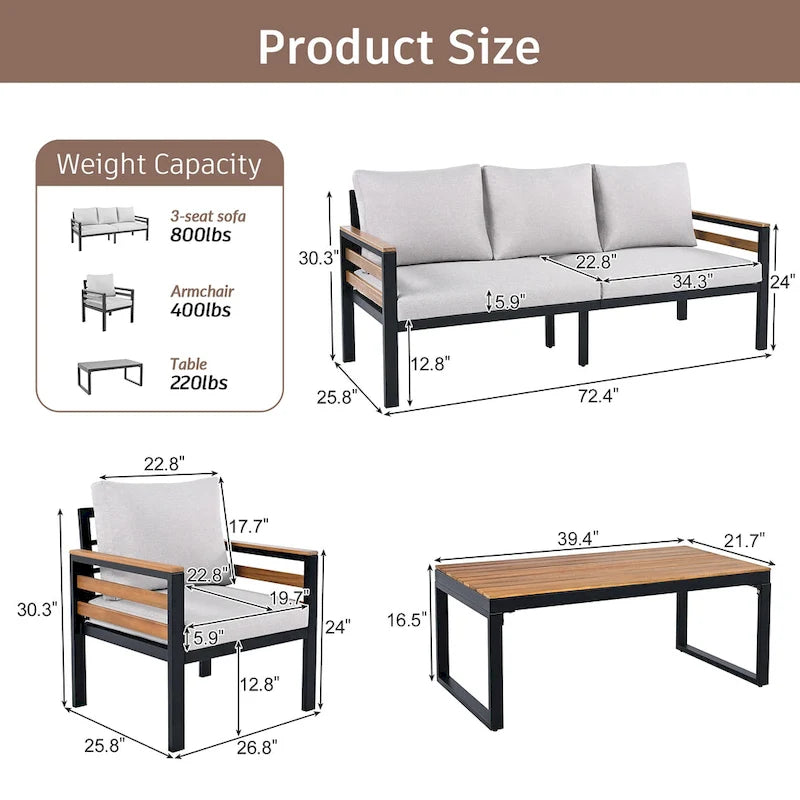 Ensemble de canapé d'extérieur en fer 4 pièces avec table basse en bois et coussins
