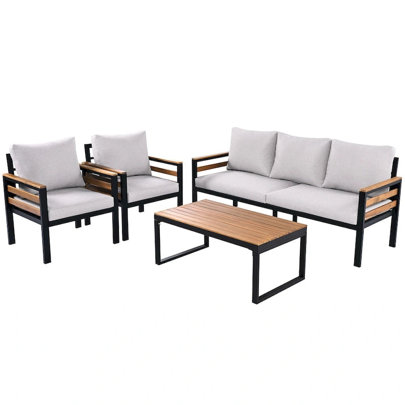 Ensemble de canapé d'extérieur en fer 4 pièces avec table basse en bois et coussins
