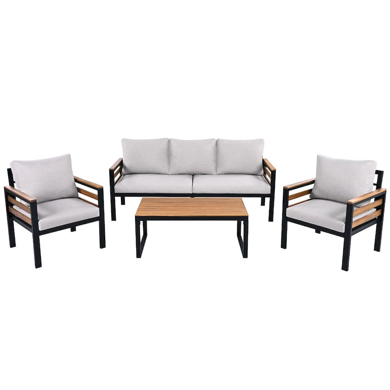 Ensemble de canapé d'extérieur en fer 4 pièces avec table basse en bois et coussins