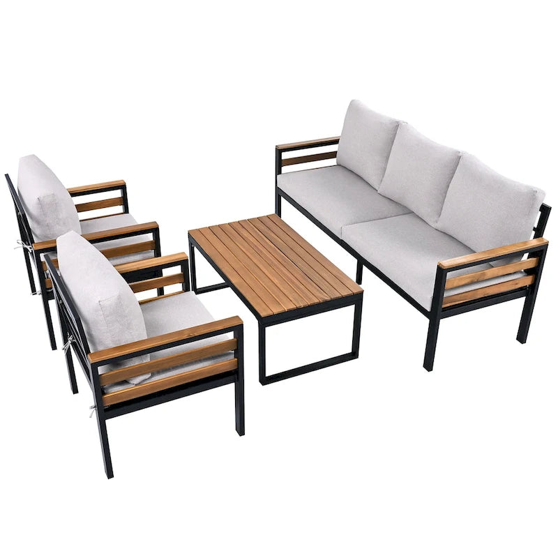Ensemble de canapé d'extérieur en fer 4 pièces avec table basse en bois et coussins
