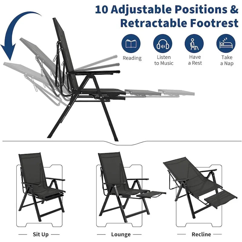 Chaise longue pliable avec 10 positions réglables et repose-pieds rétractable