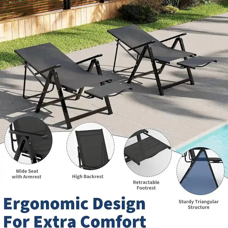 Chaise longue pliable avec 10 positions réglables et repose-pieds rétractable