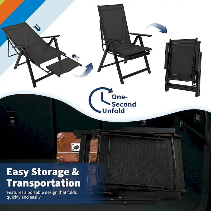Chaise longue pliable avec 10 positions réglables et repose-pieds rétractable