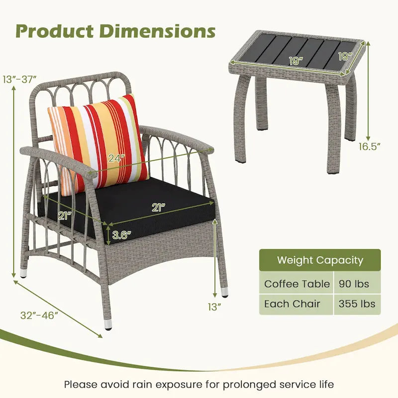 Costway Ensemble de Meubles de Patio en Rotin PE 3 Pièces avec 5 Niveaux Réglables - Voir Détails