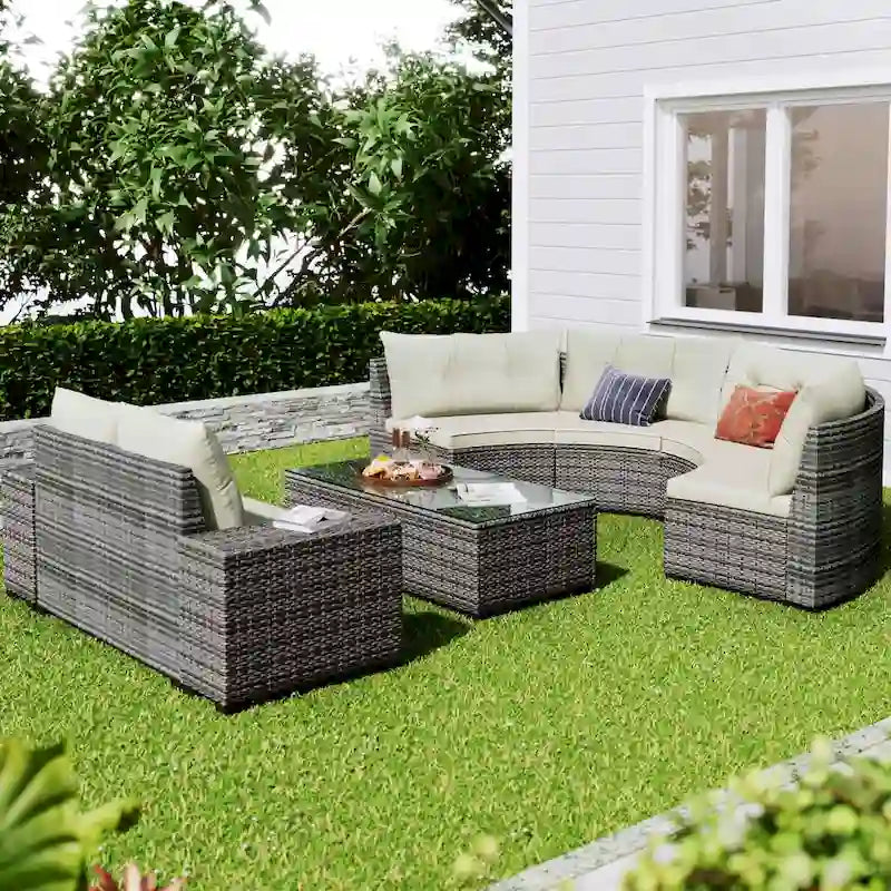 Ensemble de canapé d'angle incurvé en osier 8 pièces pour l'extérieur avec table basse