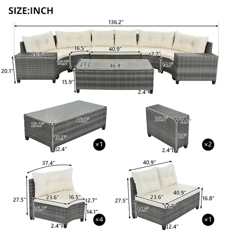 Ensemble de canapé d'angle incurvé en osier 8 pièces pour l'extérieur avec table basse