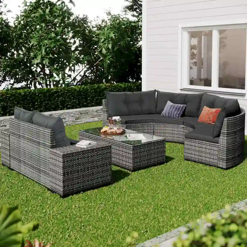 Ensemble de canapé d'angle incurvé en osier 8 pièces pour l'extérieur avec table basse