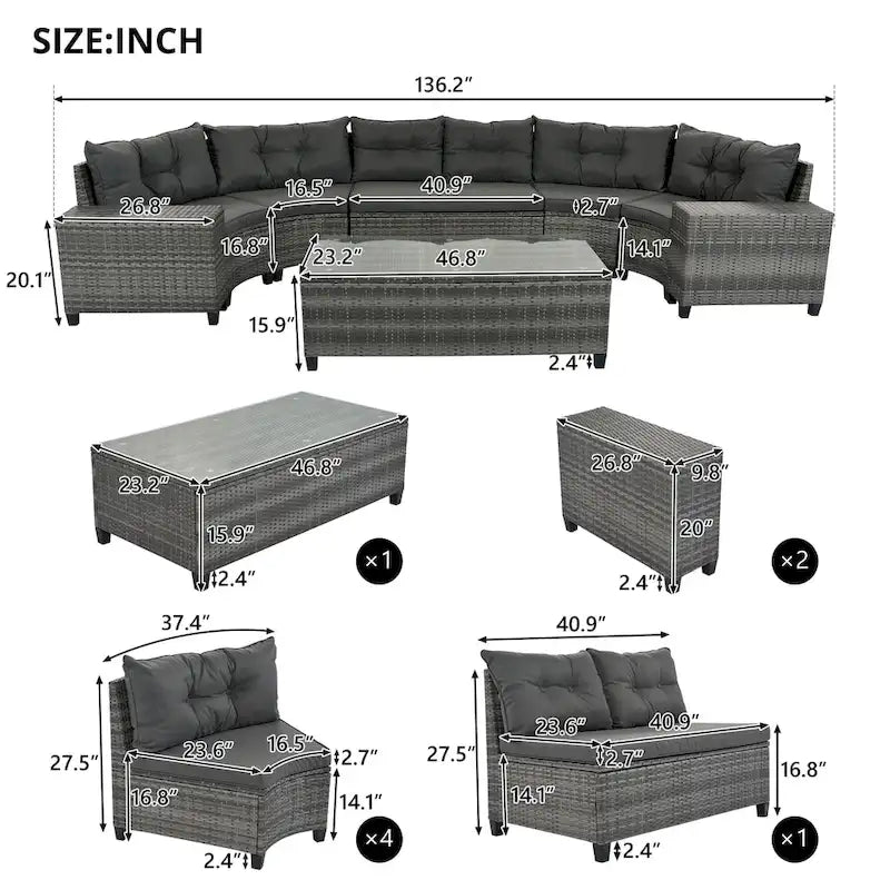 Ensemble de canapé d'angle incurvé en osier 8 pièces pour l'extérieur avec table basse
