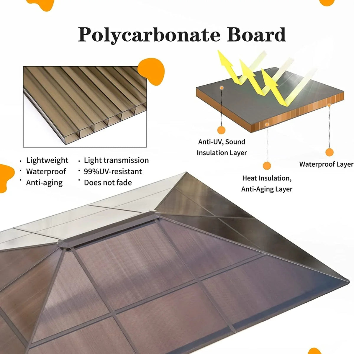 Tonnelle EROMMY à toit rigide, pergola extérieure avec double toit, moustiquaire et rideaux, auvent robuste pour patio, jardin, fête au bord de la piscine
