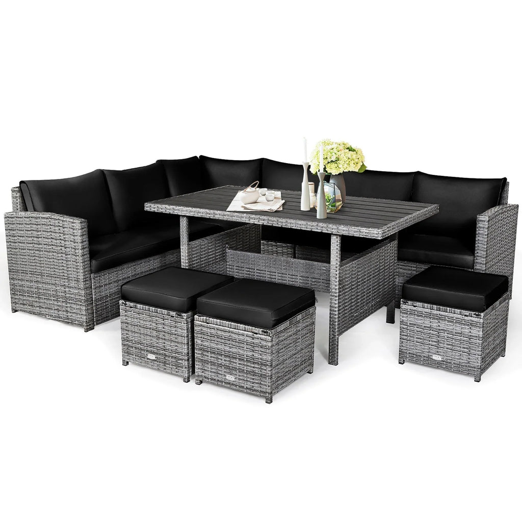 Ensemble de salle à manger Costway 7 pièces en rotin pour terrasse, canapé sectionnel et pouf - Voir détails