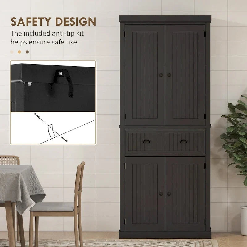Meuble de rangement de cuisine autoportant traditionnel de 72 pouces avec 4 portes et 3 étagères réglables, grand tiroir central